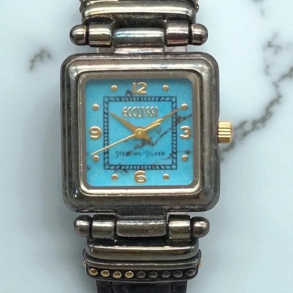 Vintage Ecclissi Southwestern Black Croc Embossed Leather Sterling Silver Watch